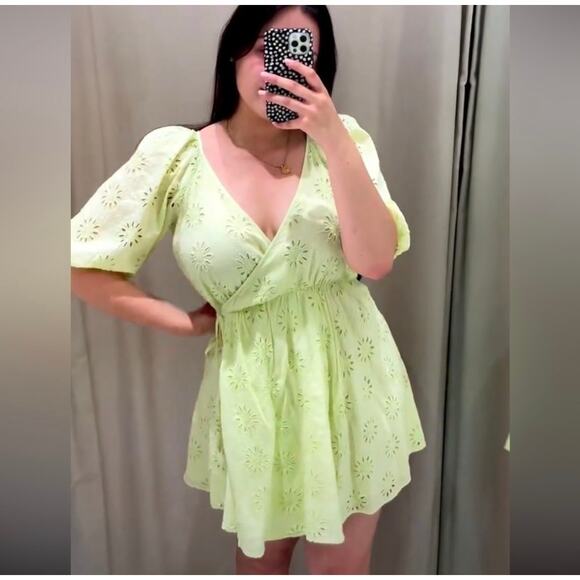 ZARA OPENWORK EMBROIDERED DRESS LIGHT YELLOW - Picture 5 of 12